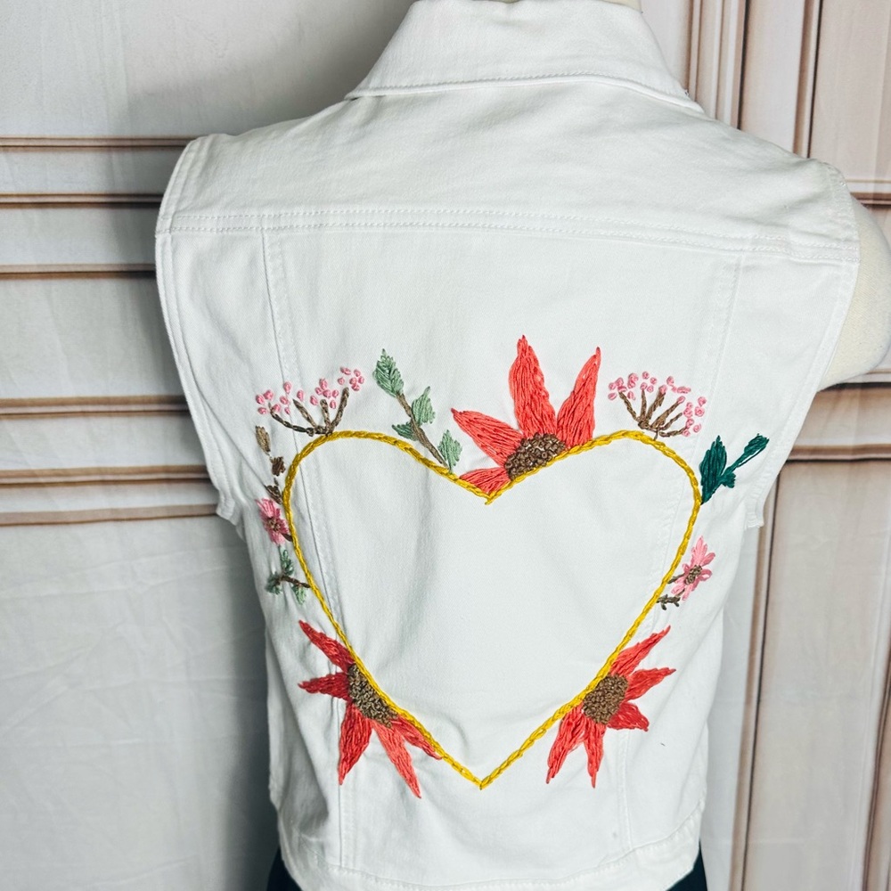 White Embroidered Heart Jean Vest - Floral Back - Picture 10 of 14